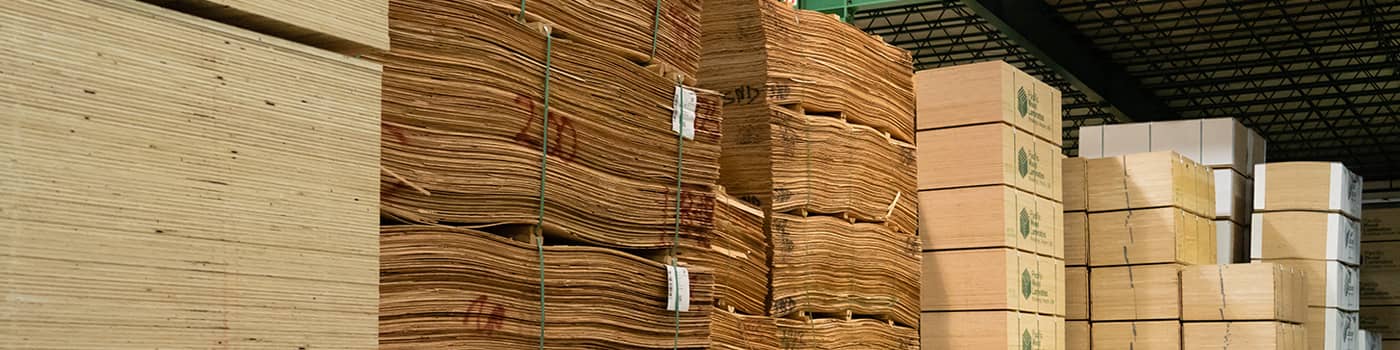 Stacked plywood products in warehouse