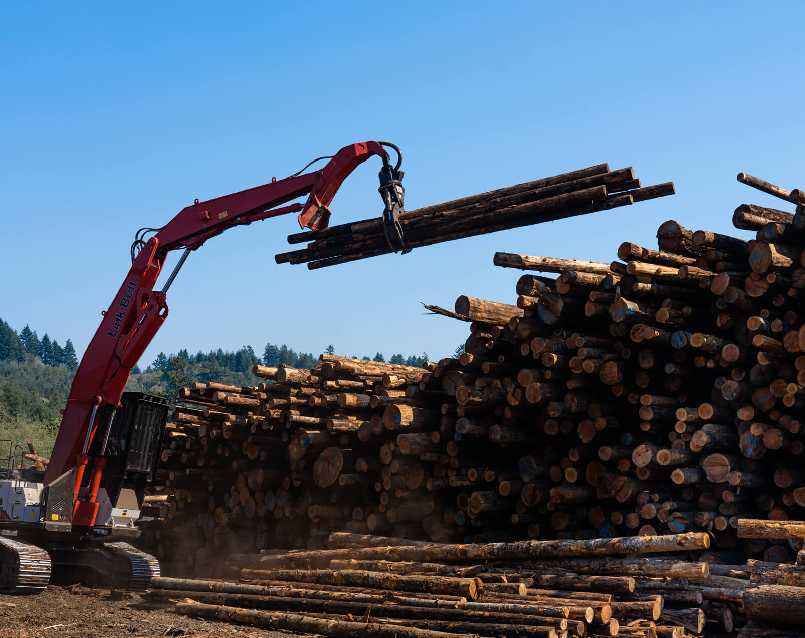 machine grabs and stacks luogs on a pile